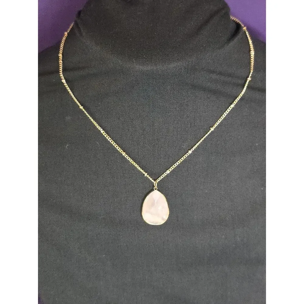 Rose Quartz Teardrop Pendant Necklace On Gold Tone Satellite Station Chain